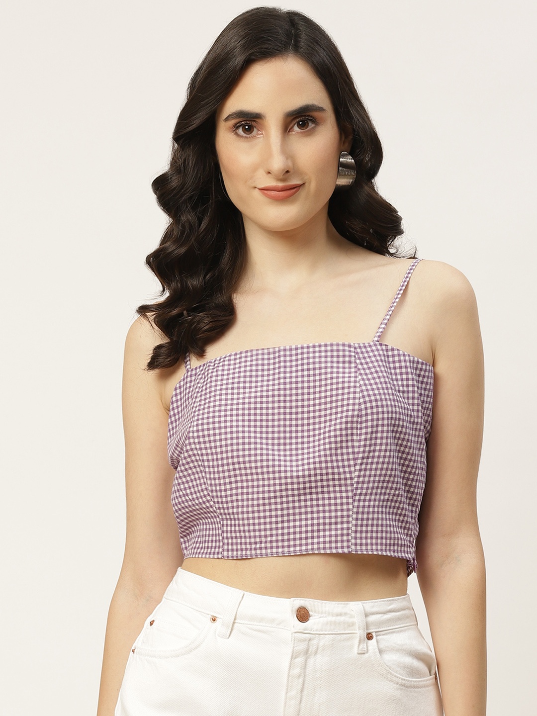 

Trendyol Mauve Off White Checked Regular Crop Top