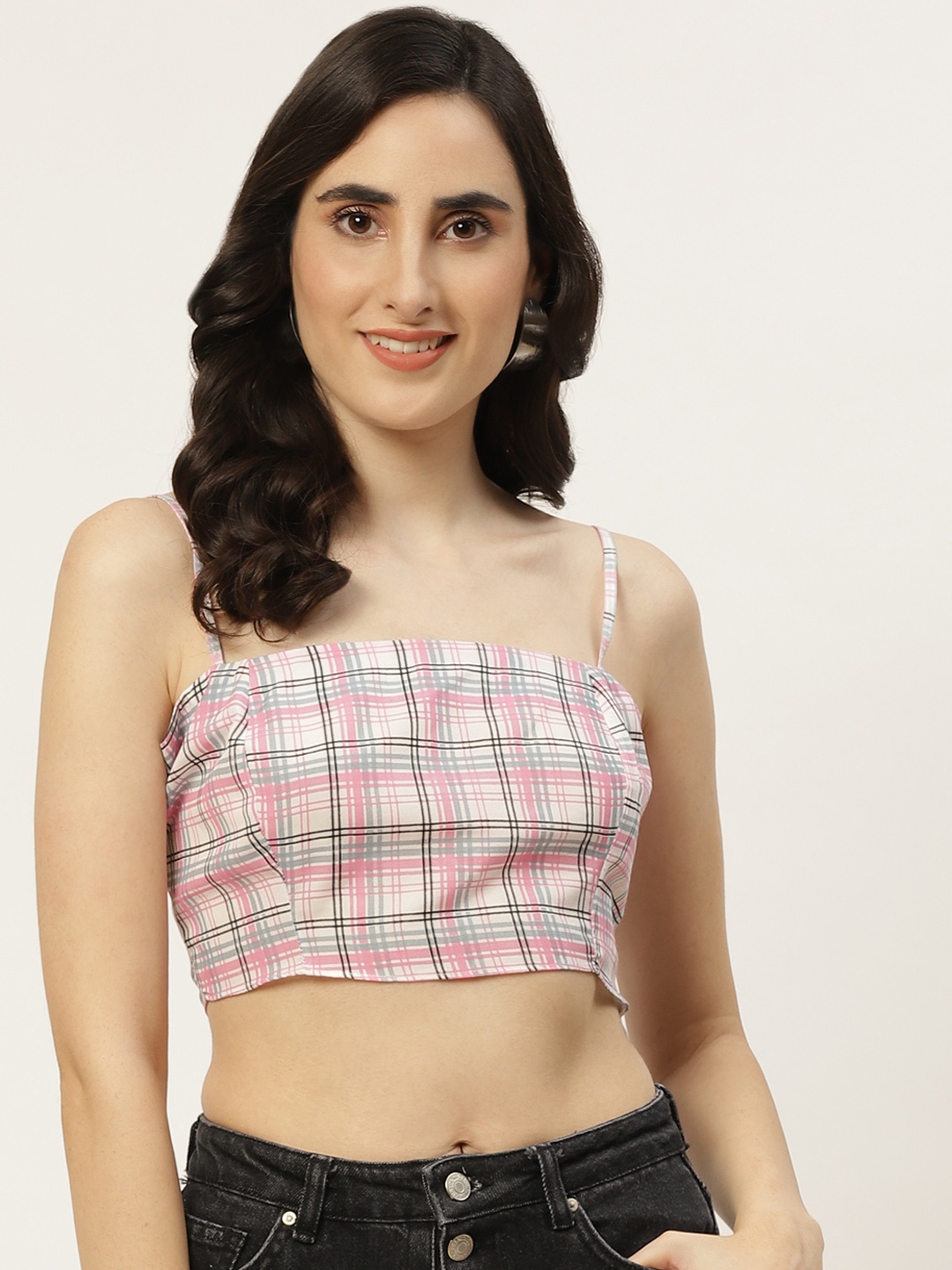 

Trendyol White Pink Checked Fitted Crop Top
