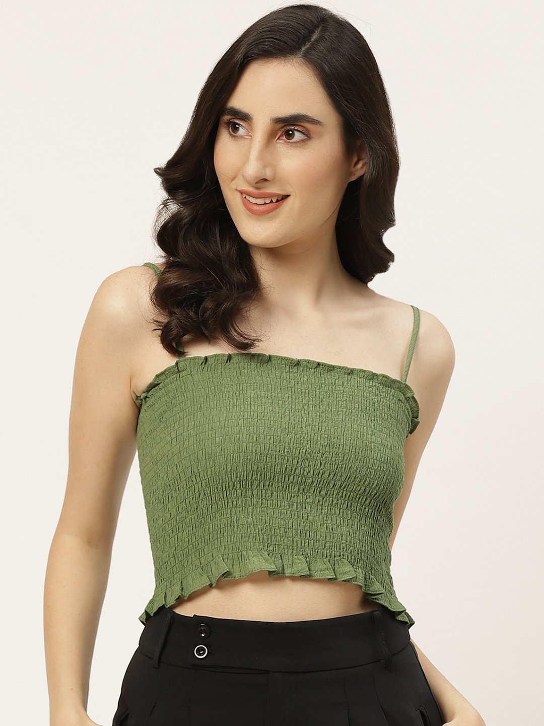 

Trendyol Women Green Ruffles Smocked Fitted Crop Top