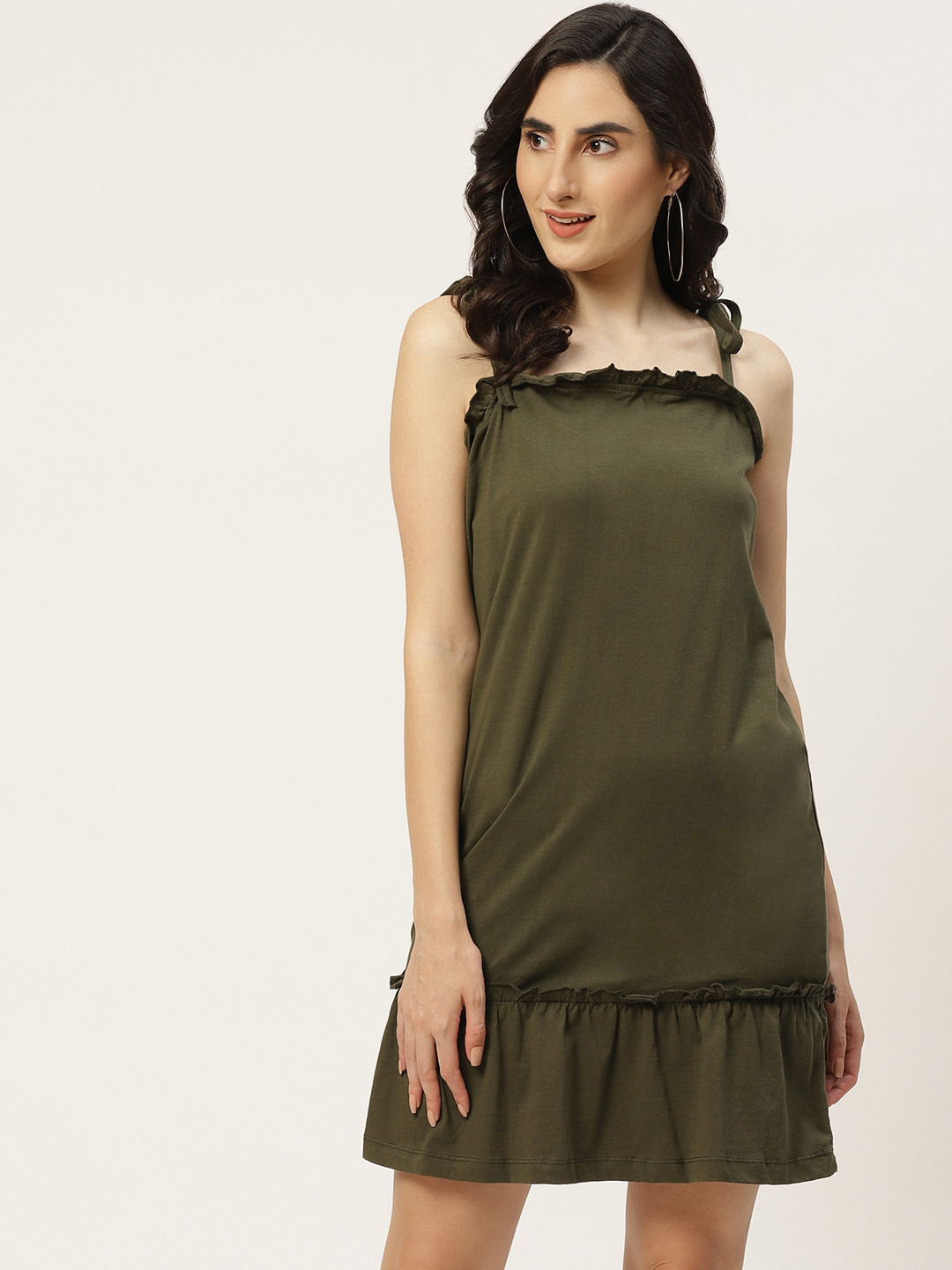 

Trendyol Olive Green Pure Cotton Solid A-line Dress