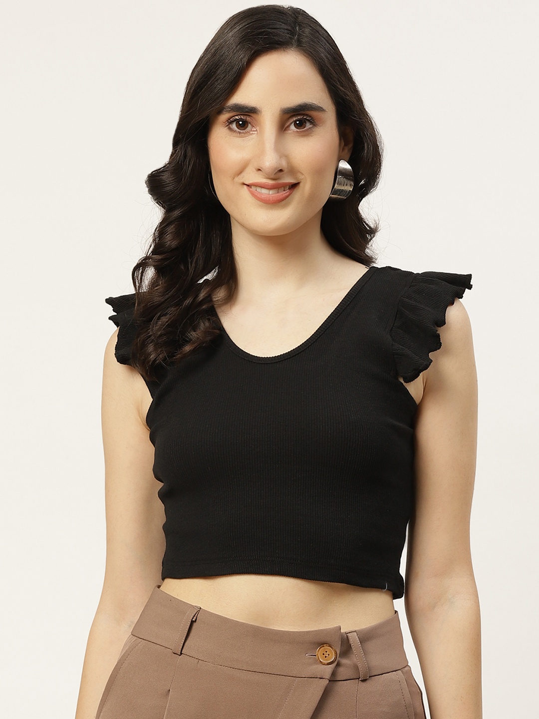 

Trendyol Women Black Ribbed Ruffles Fitted Crop Top