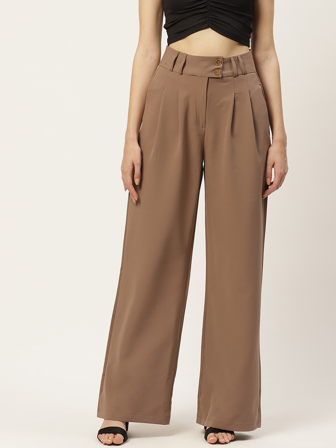 

Trendyol Women Brown Solid Pleated Parallel Trousers