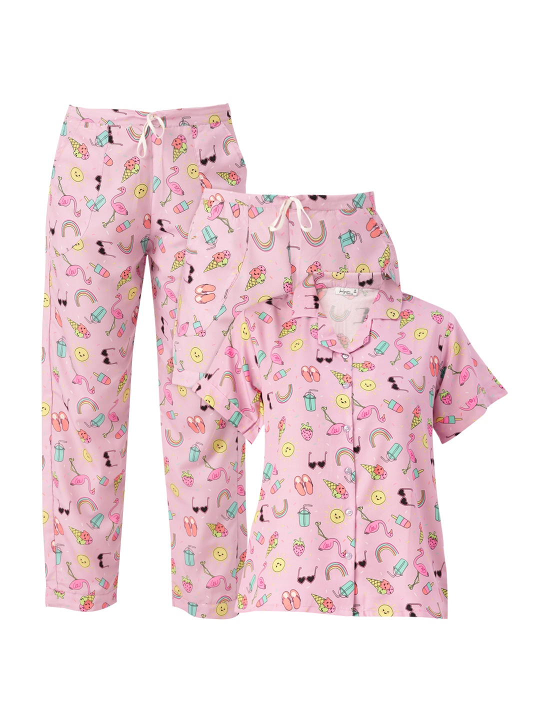 

bedgasm Women Pink & Black Printed 3 Piece Night Suit with Eye Mask