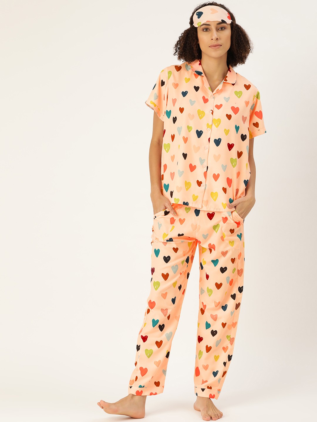

bedgasm Women Peach-Coloured & Blue Heart Printed Night suit With Matching Eye Mask