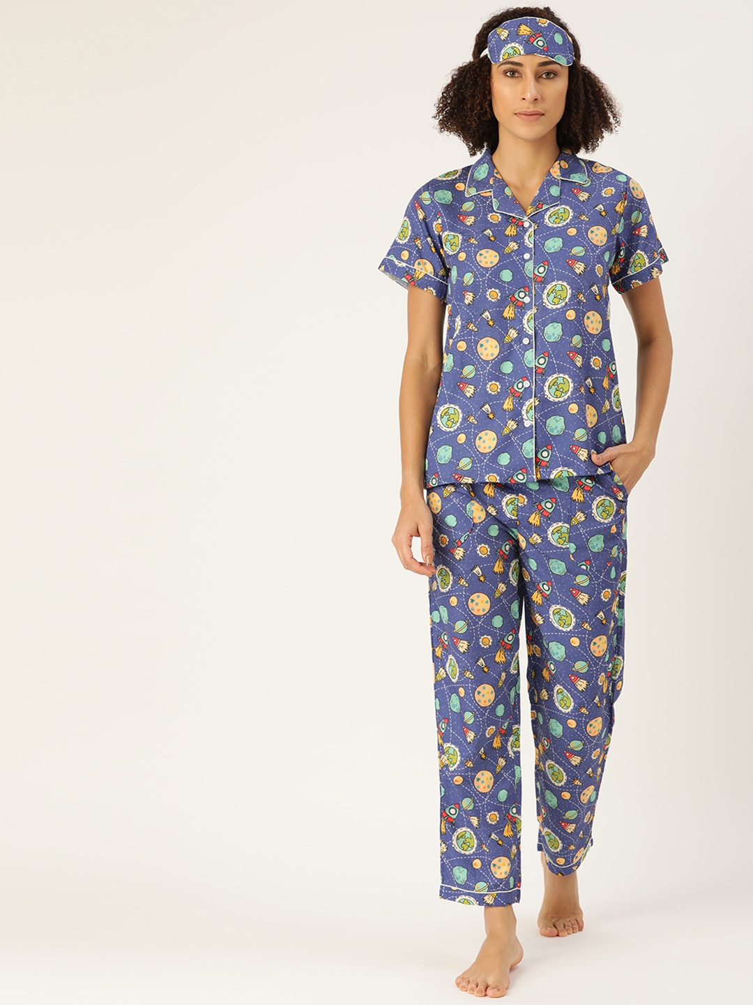 

bedgasm Women Blue & Green Printed Night suit