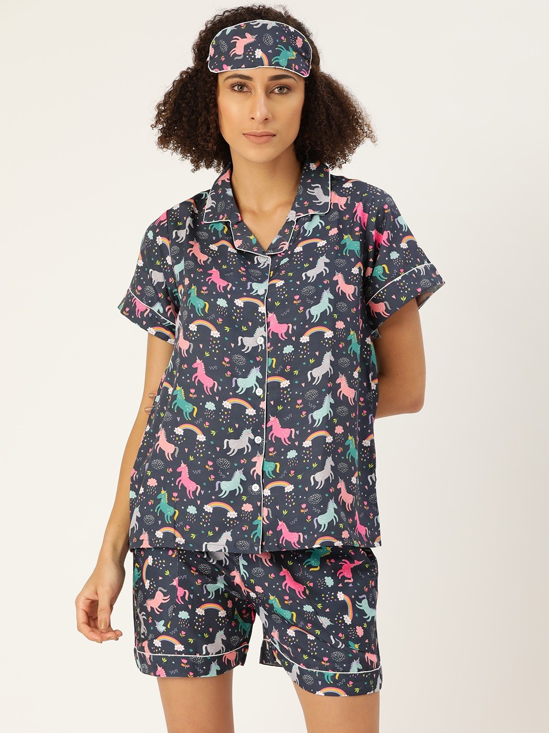 

bedgasm Women Charcoal & Pink Printed Night suit