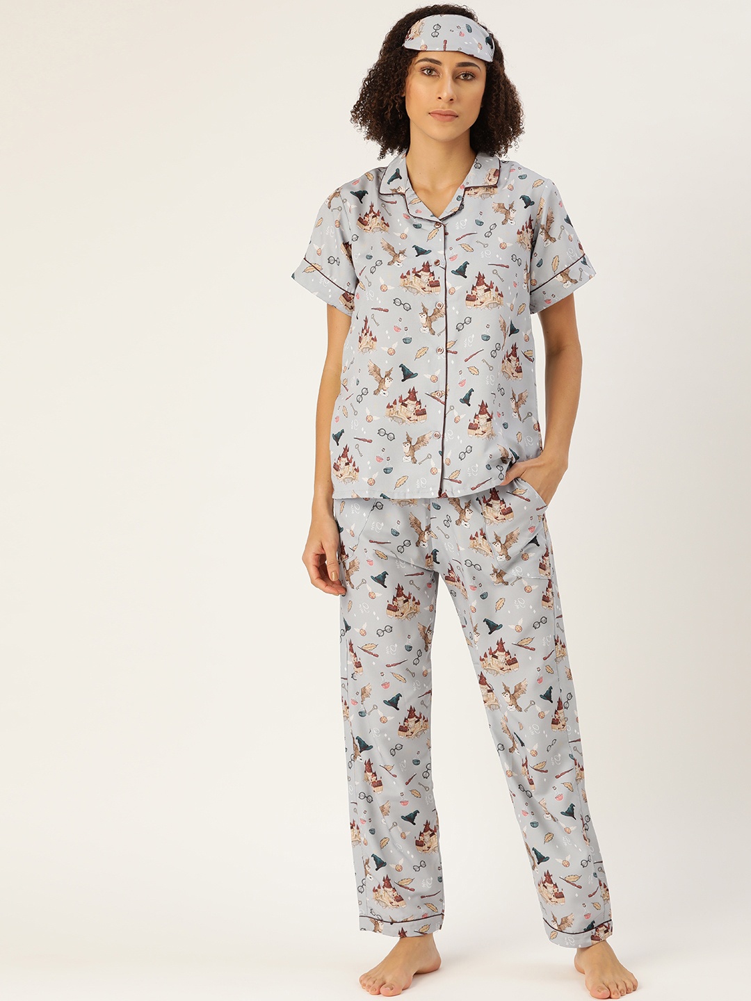 

bedgasm Women Grey & Beige Printed Pyjama Set with Eyemask