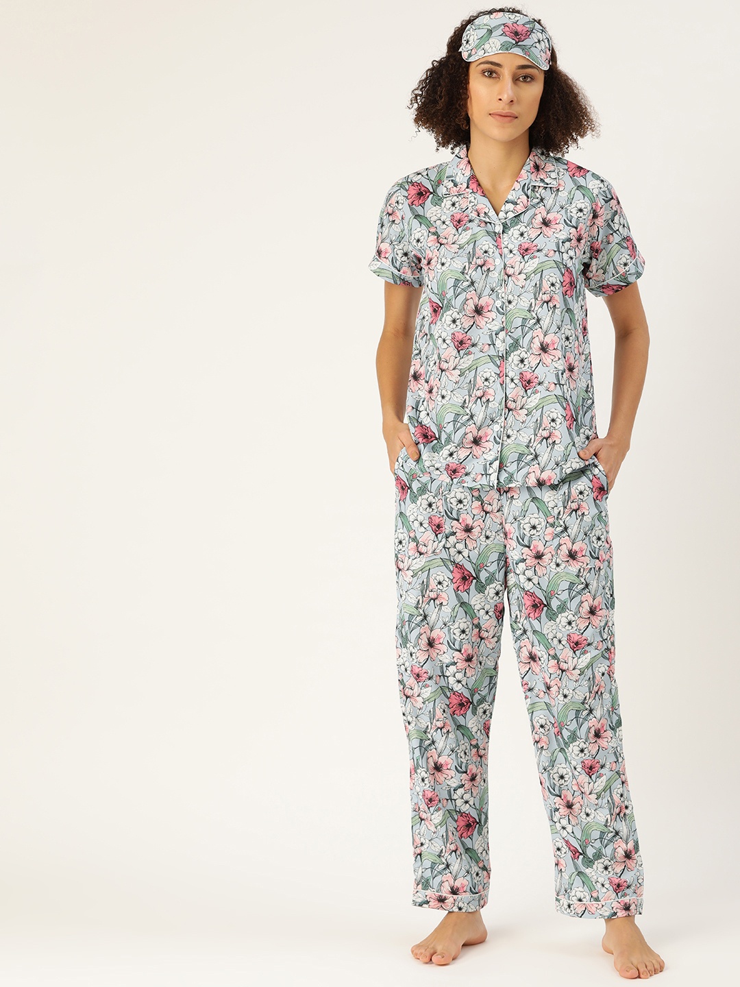 

bedgasm Women Blue & Pink Printed Night suit