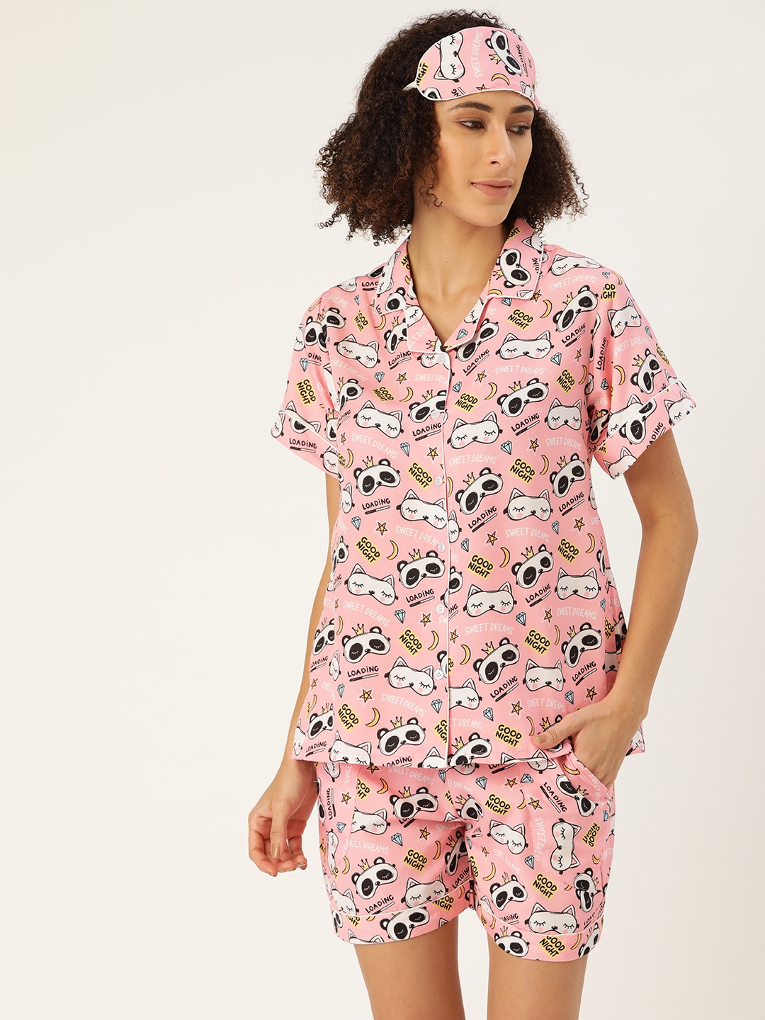 

bedgasm Women Pink & Black Printed Night suit