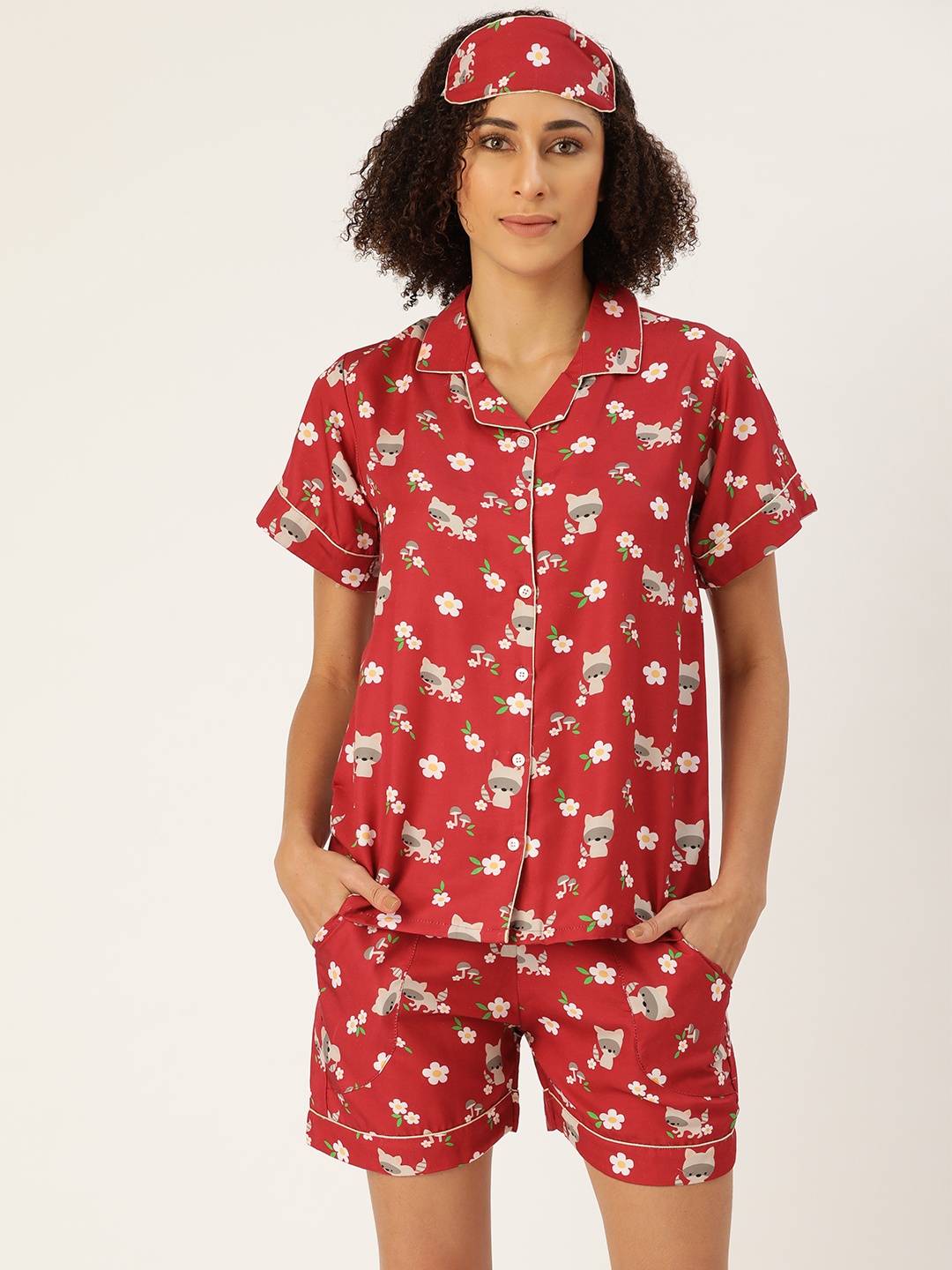 

bedgasm Women Red & Off-White Printed Shorts Set with Eyemask