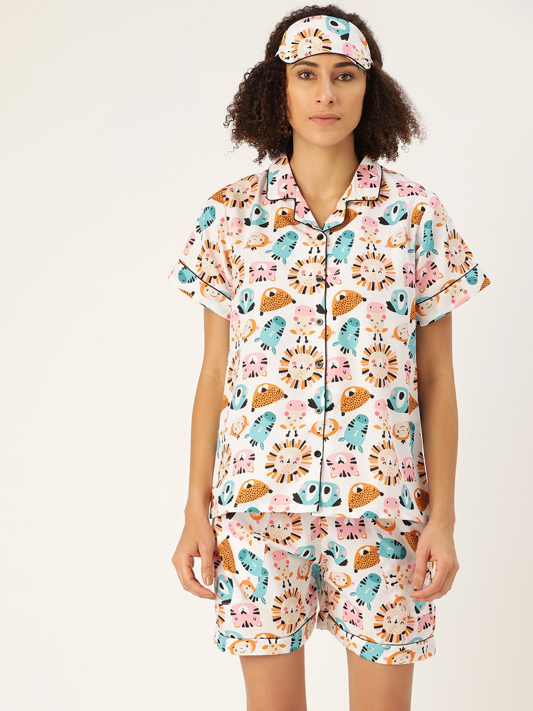

bedgasm Women White & Mustard Brown Printed Shorts Set with Eyemask