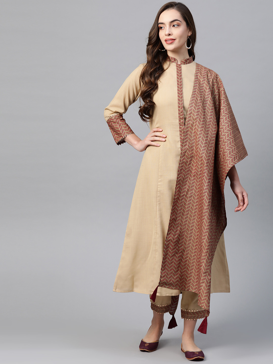 

Indo Era Women Beige Pure Cotton Kurta with Trousers & With Hand Made Dupatta