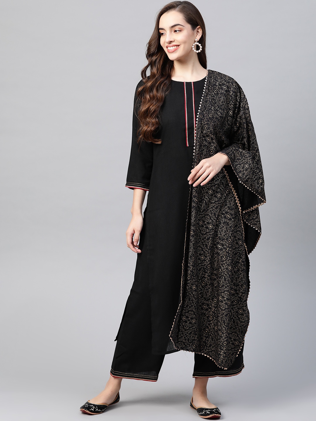 

Indo Era Women Black Gotta Patti Pure Cotton Kurta with Palazzos & With Handmade Dupatta