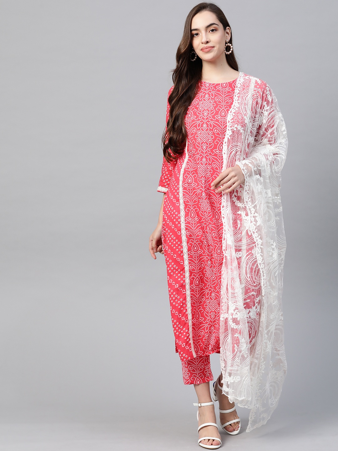 

Indo Era Women Pink Bandhani Printed Thread Work Pure Cotton Kurta with Trousers & With Dupatta