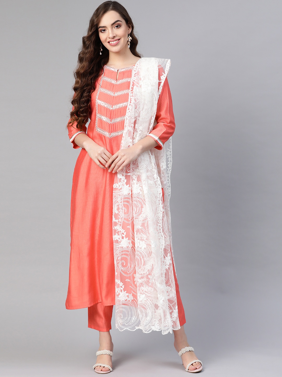 

Indo Era Women Pink Ethnic Motifs Thread Work Liva Kurta with Trousers & With Dupatta