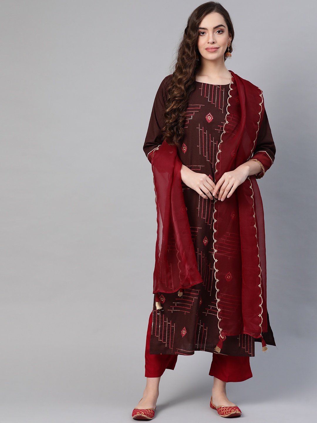 

Indo Era Women Brown Pure Cotton Sequinned Kurta with Trousers & Dupatta