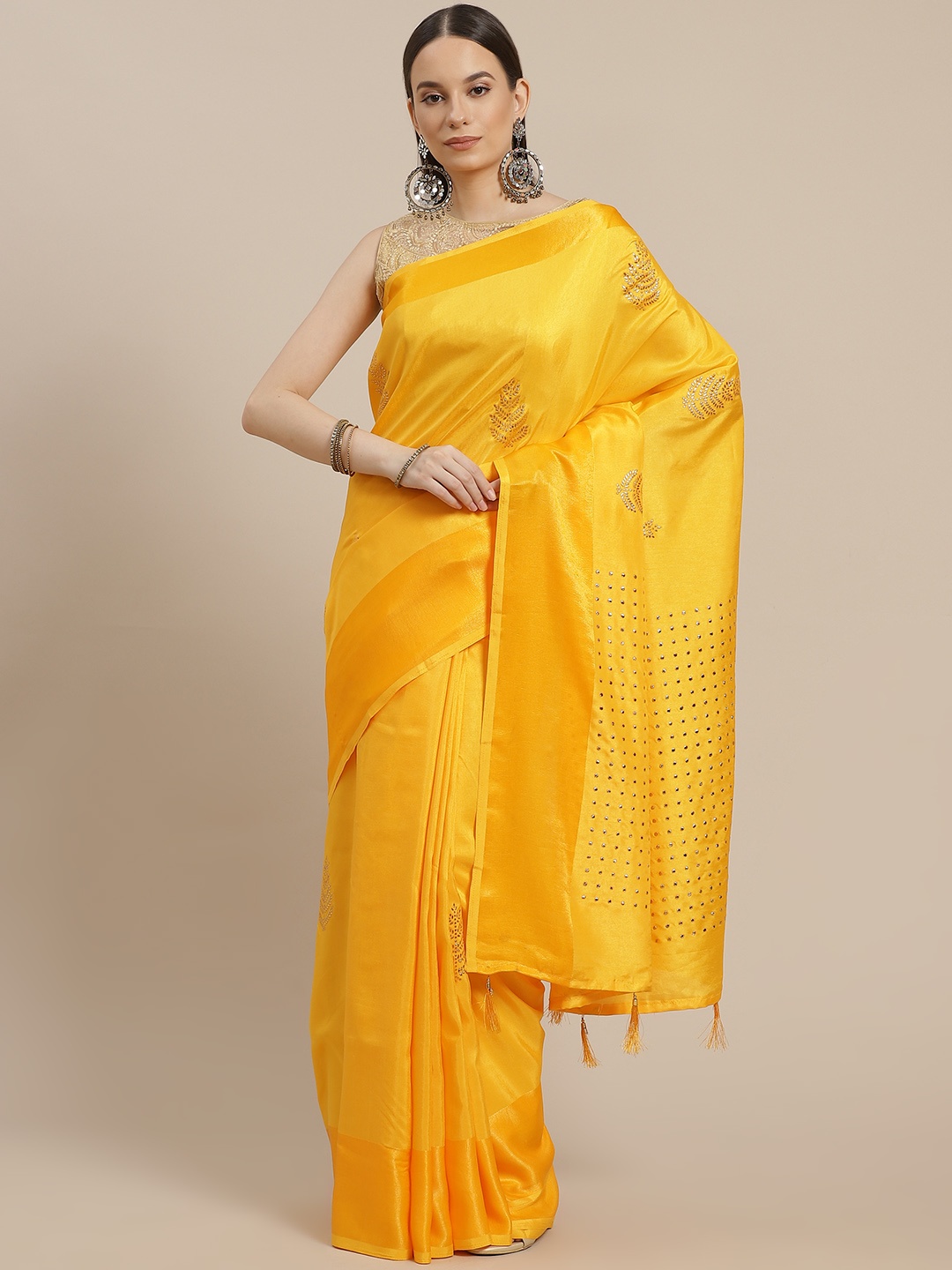 

Anouk Mustard Yellow Ethnic Motifs Hand-Work Embellished Satin Finish Bhagalpuri Saree