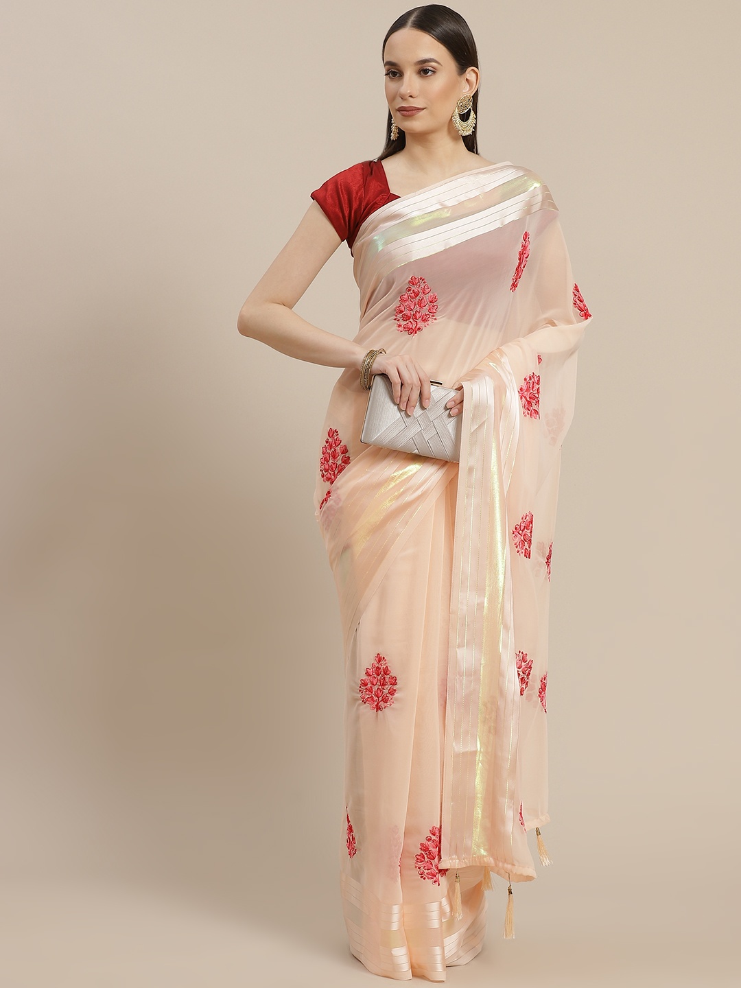 

Anouk Peach-Coloured & Pink Ethnic Motifs Embroidered Bhagalpuri Saree
