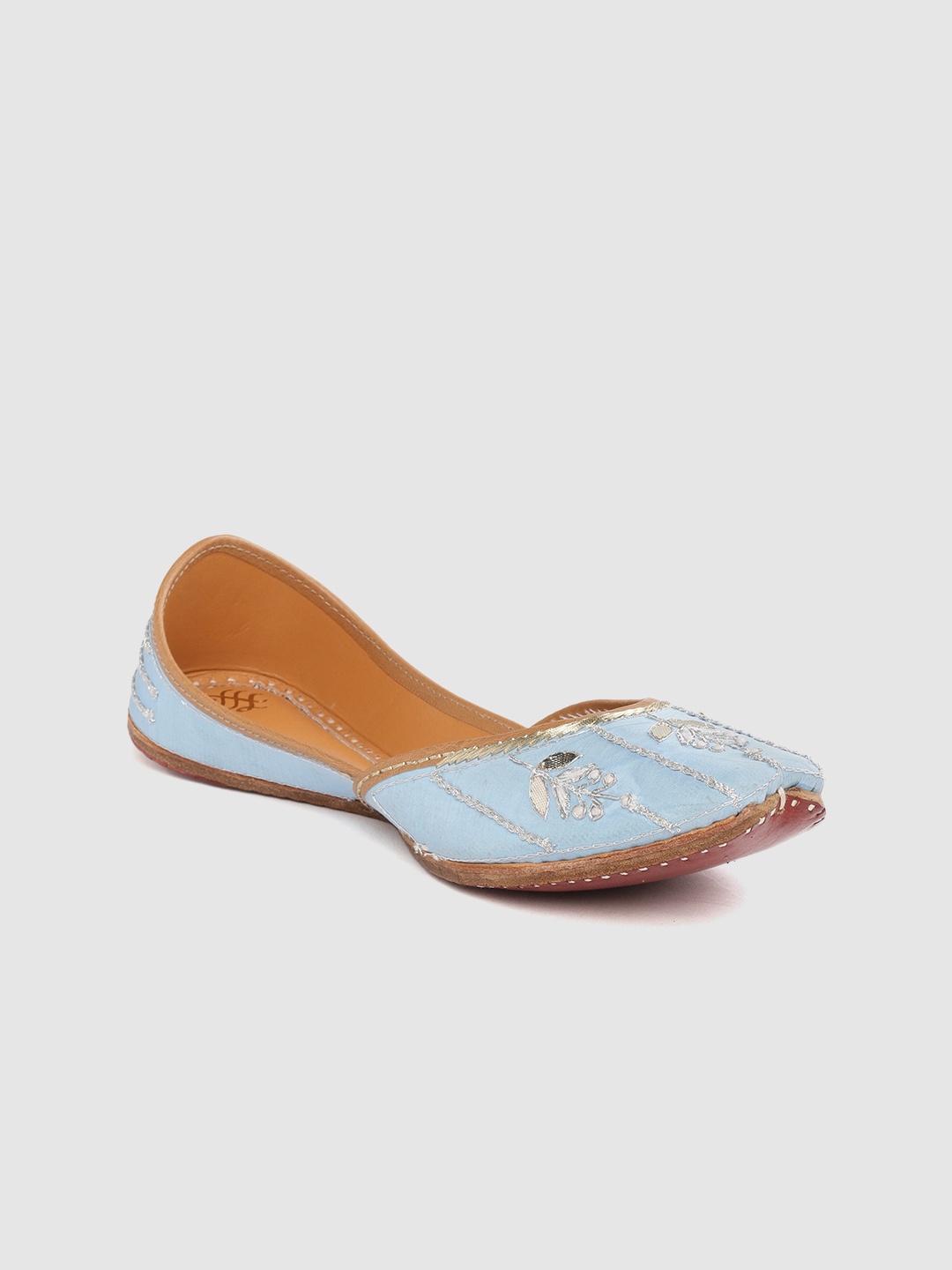 

House of Pataudi Women Blue & Silver-Toned Embroidered & Gotta Patti Handcrafted Mojaris