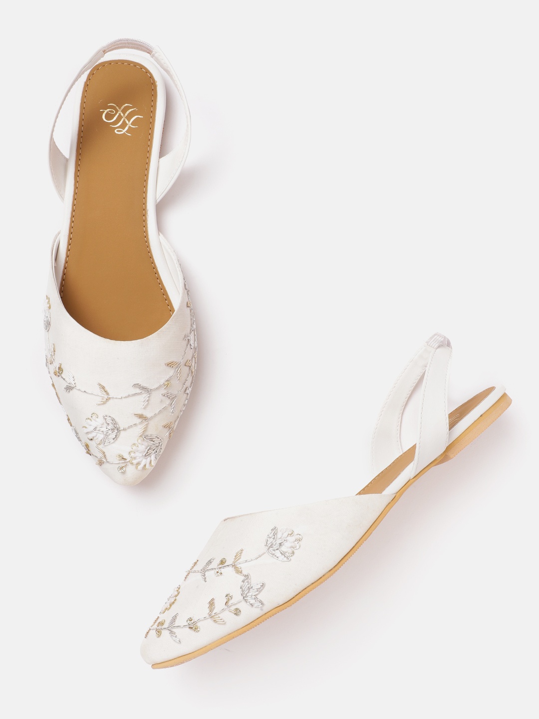 

House of Pataudi Women White & Gold-Toned Embellished Embellished Flats