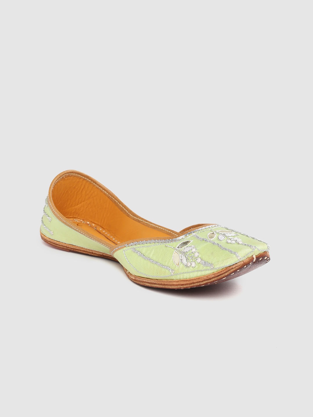 

House of Pataudi Women Lime Green & Silver-Toned Embellished Ethnic Mojaris Flats