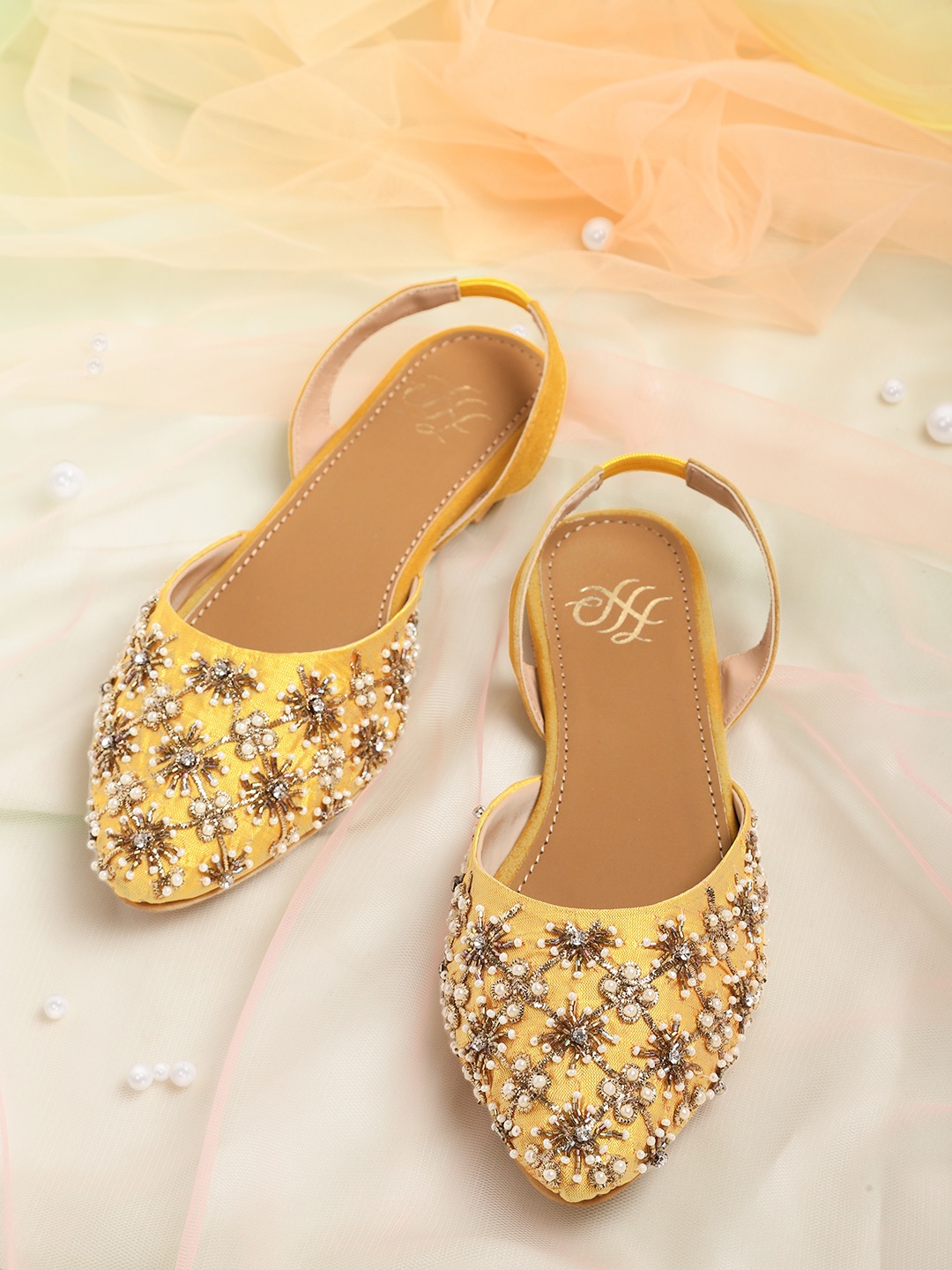 

House of Pataudi Women Yellow & Gold-Toned Embellished Embellished Flats