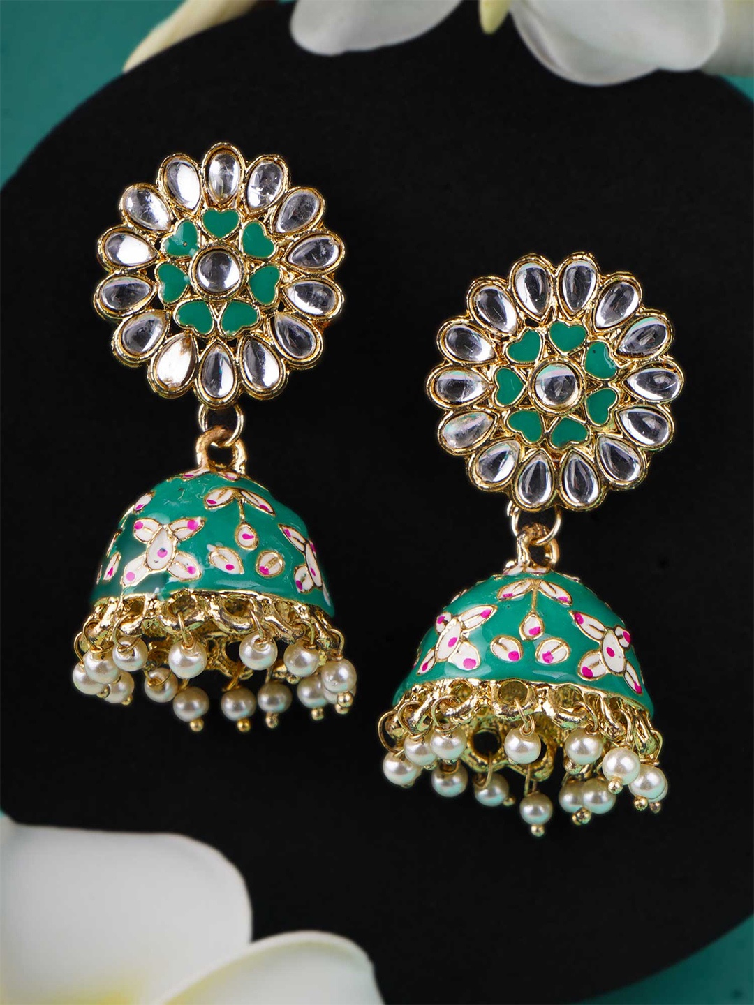 

Adwitiya Collection Gold-Toned & Sea Green Contemporary Jhumkas