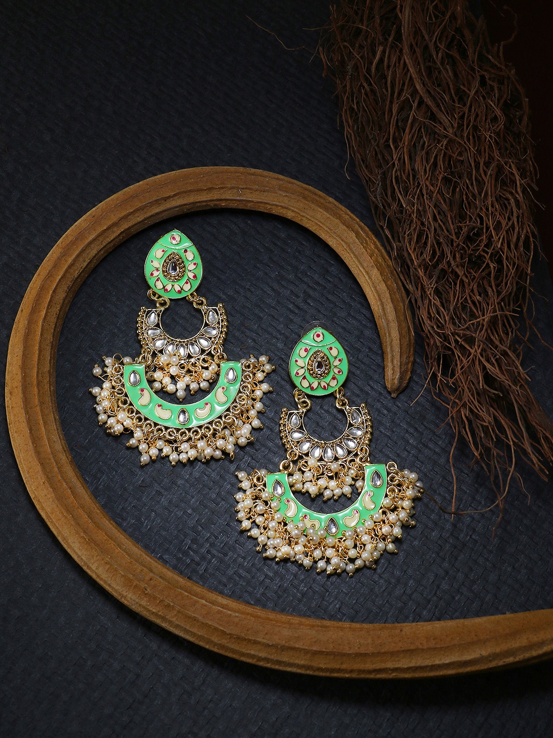 

Adwitiya Collection Gold-Toned & Green Contemporary Chandbalis