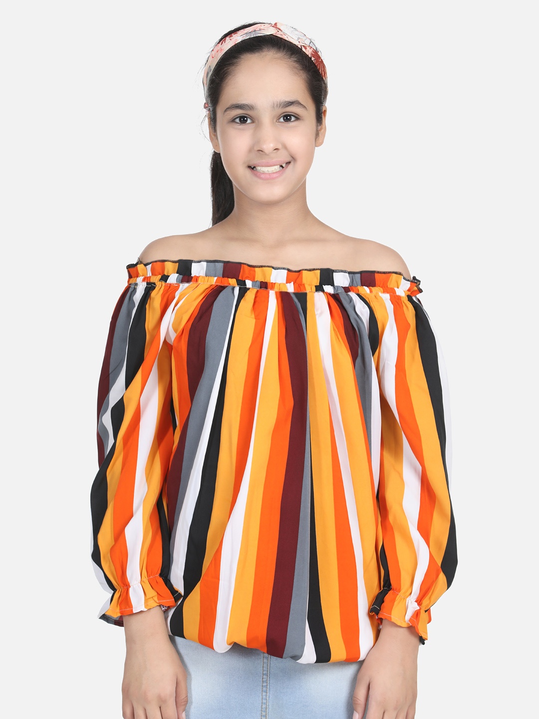 

Cutiekins Multicoloured Striped Off-Shoulder Crepe Bardot Top, Multi