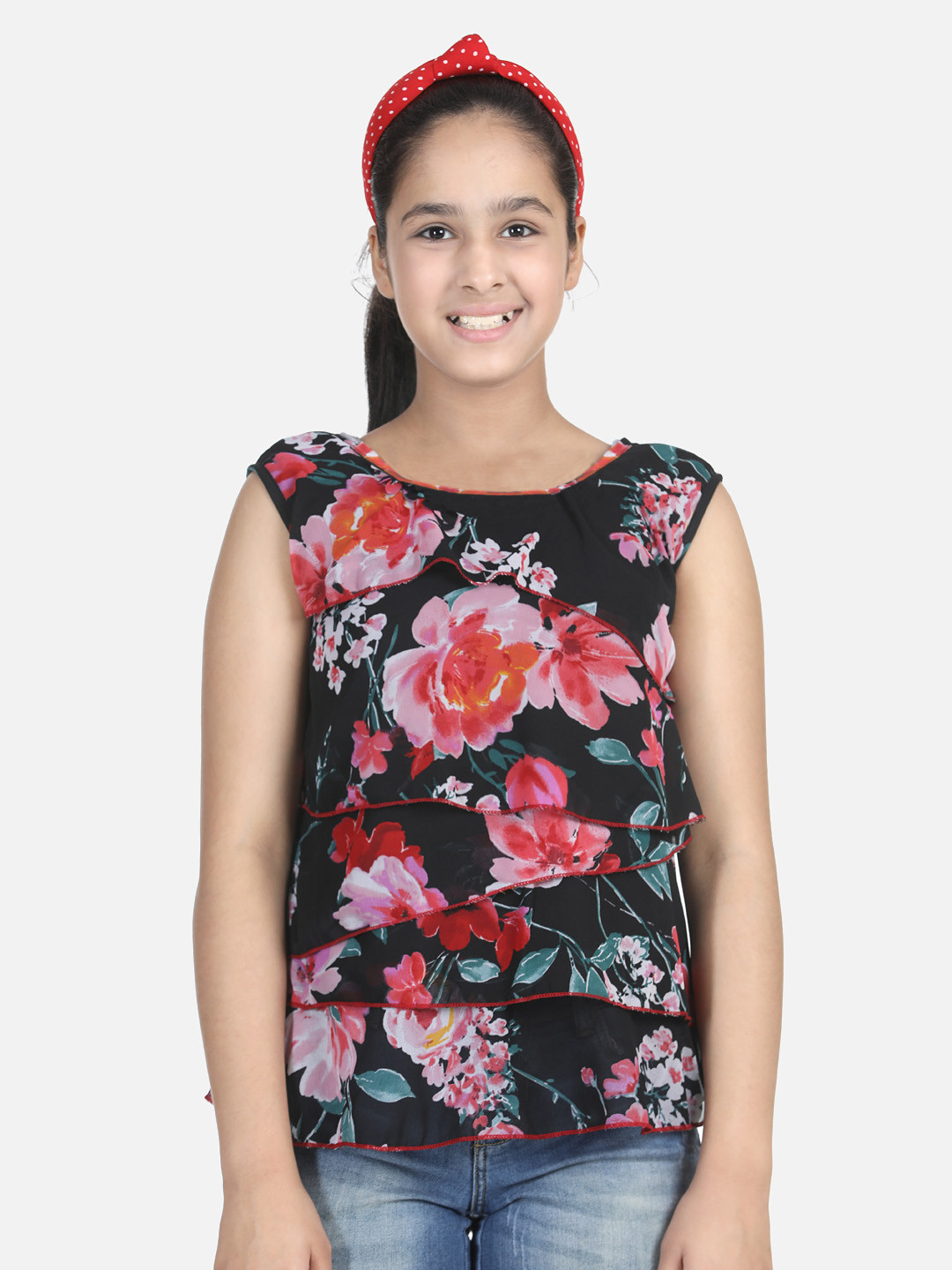 

Cutiekins Black & Pink Floral Crepe Tiered Top