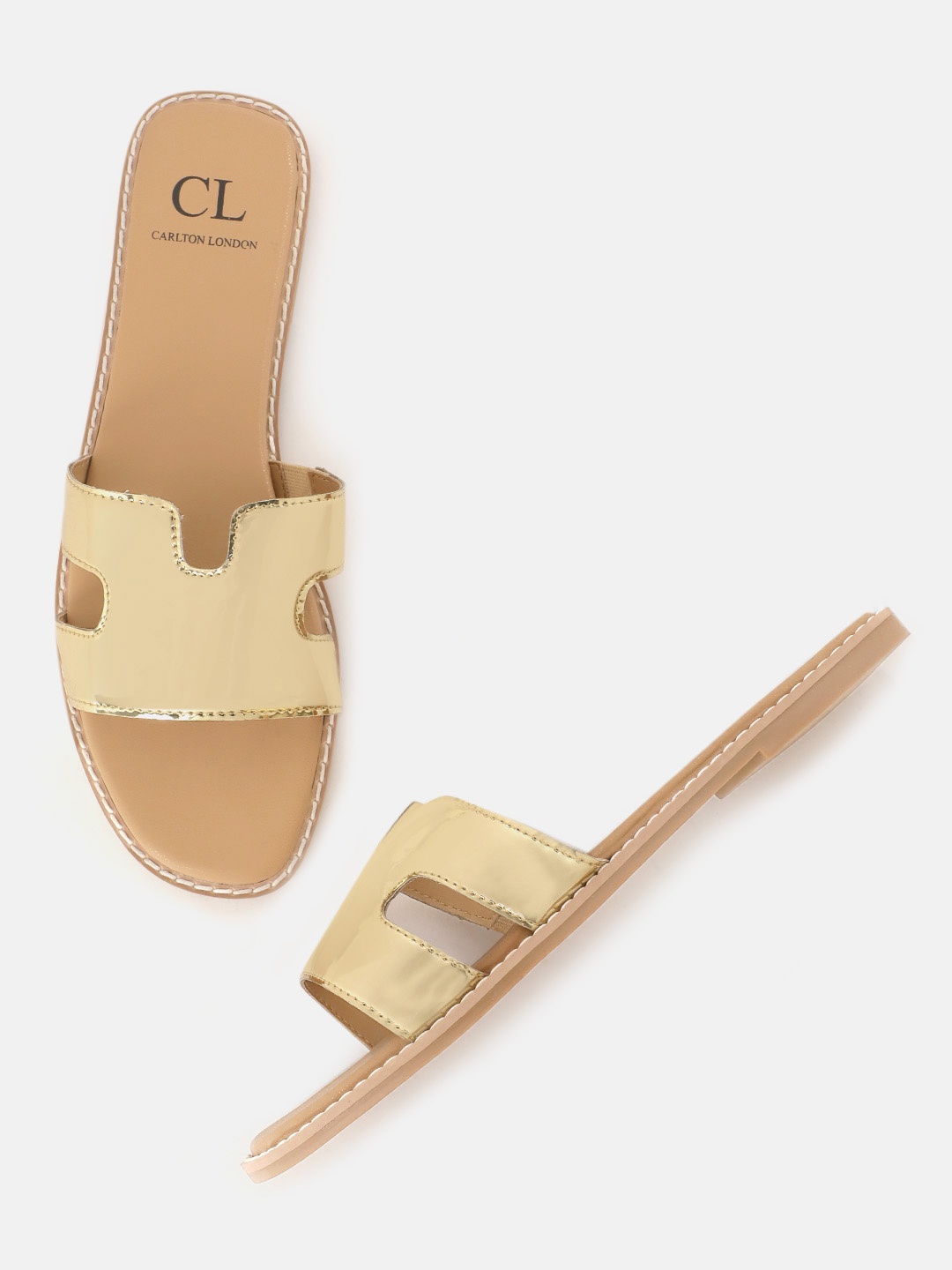 

Carlton London Women Gold-Toned Solid Open Toe Flats with Cut-Out Detail