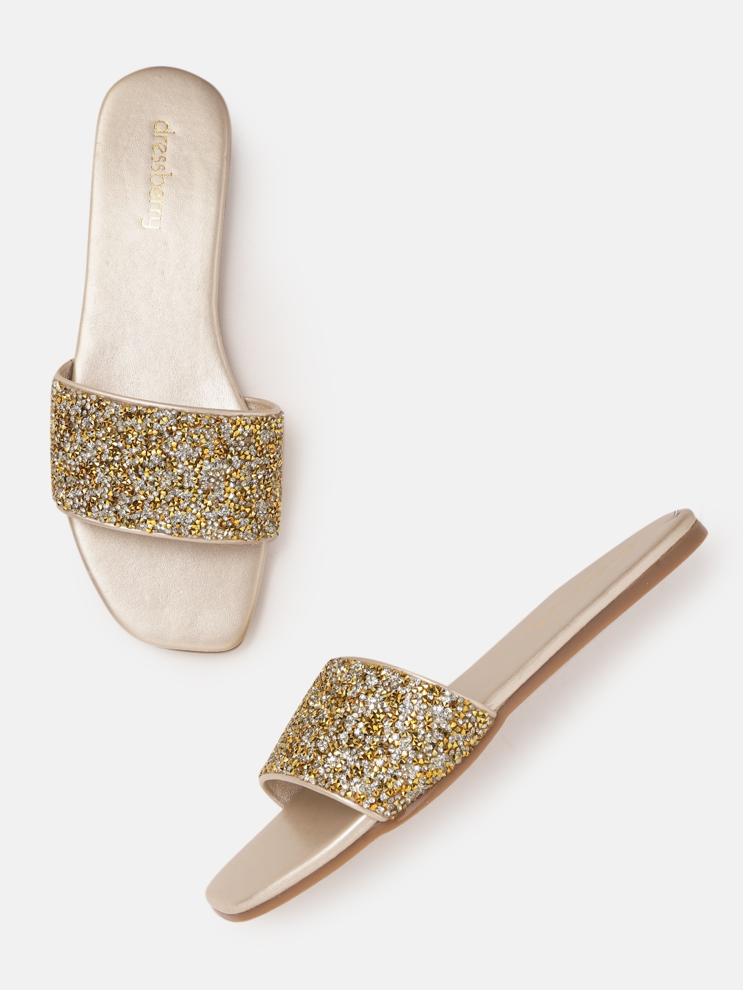 

DressBerry Women Gold-Toned Embellished Open Toe Flats