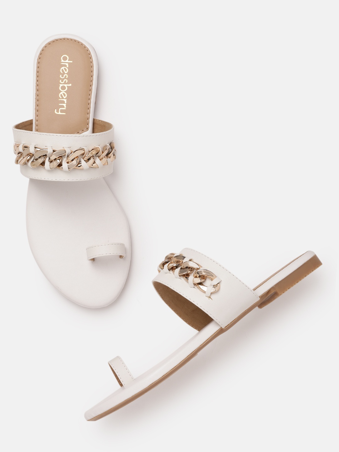 

DressBerry Women White & Gold-Toned Linked Embellished One Toe Flats