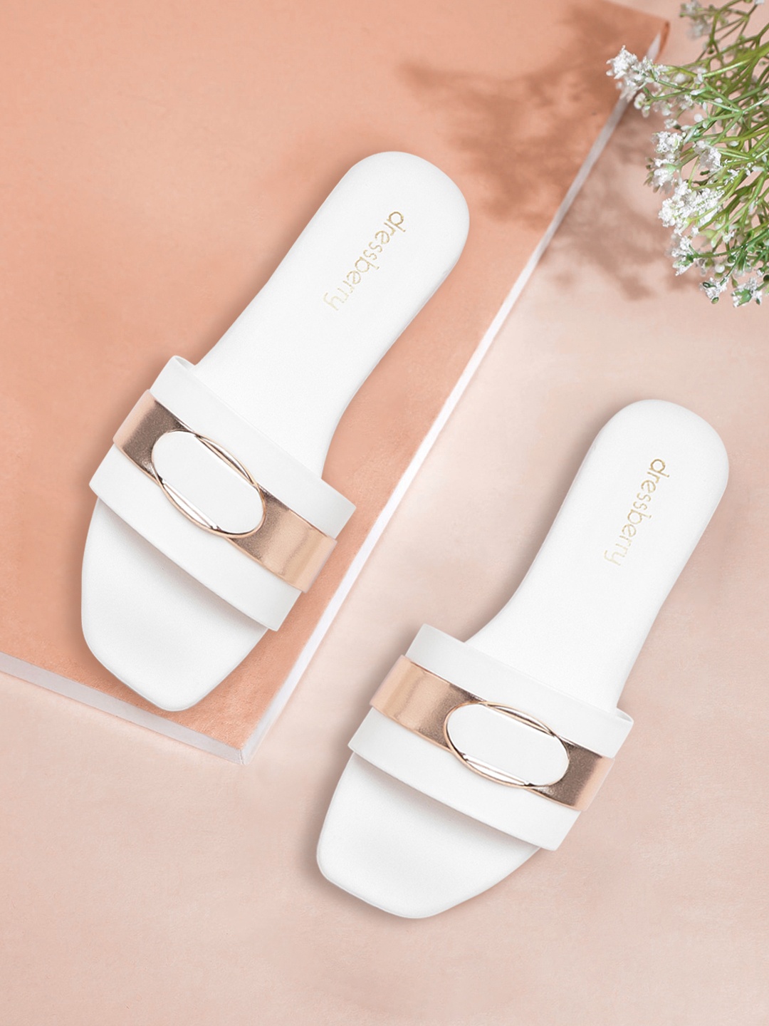 

DressBerry Women White & Rose Gold-Toned Striped Open Toe Flats