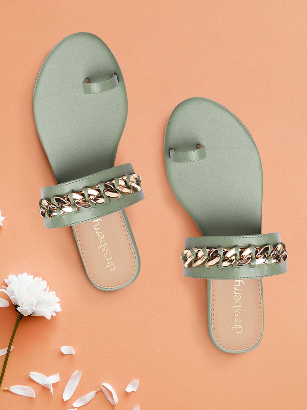 

DressBerry Women Olive Green & Gold-Toned Solid One Toe Flats with Chain Detail