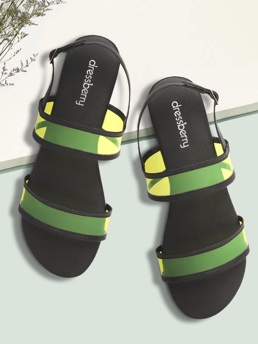 

DressBerry Women Fluorescent Green & Black Solid Open Toe Flats