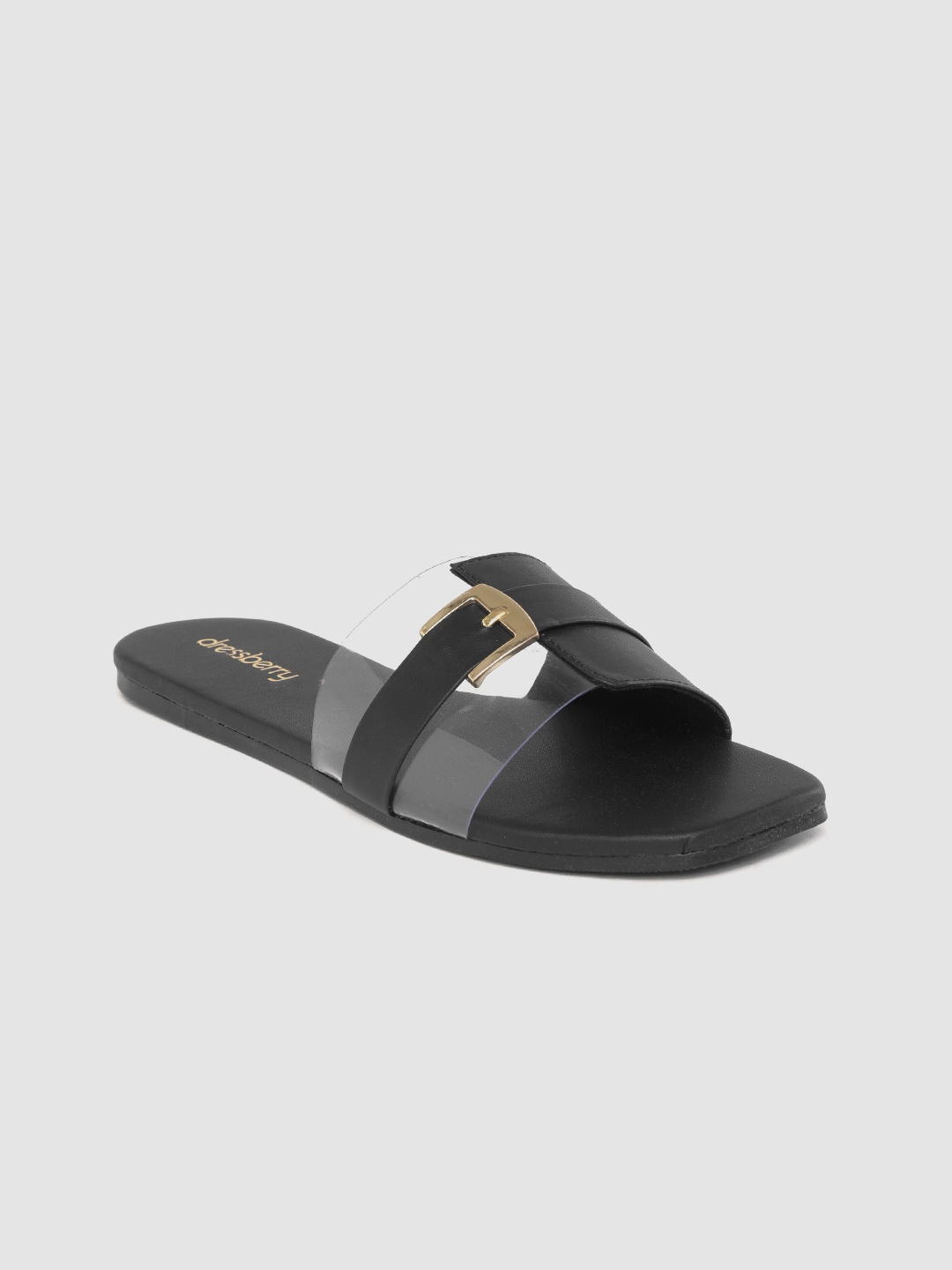 

DressBerry Women Black & Transparent Solid Open Toe Flats with Buckle Detail