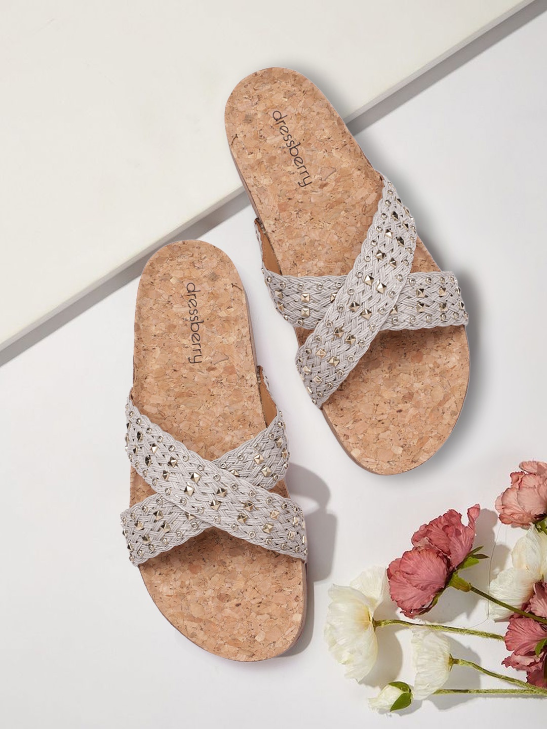 

DressBerry Women Grey & Gold-Toned Woven Design Embellished Open Toe Flats
