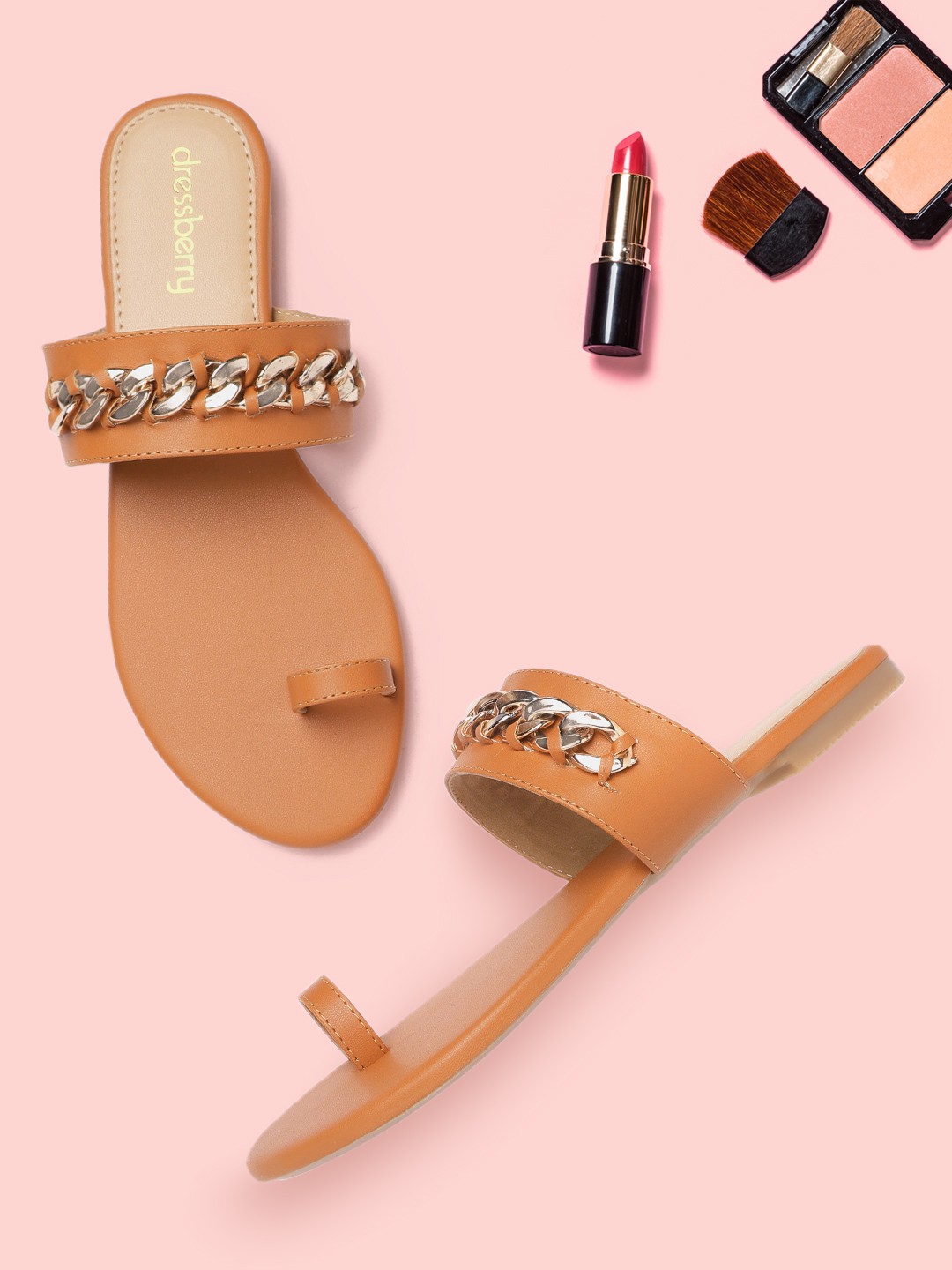 

DressBerry Women Tan Brown & Gold-Toned Solid One Toe Flats with Chain Detail