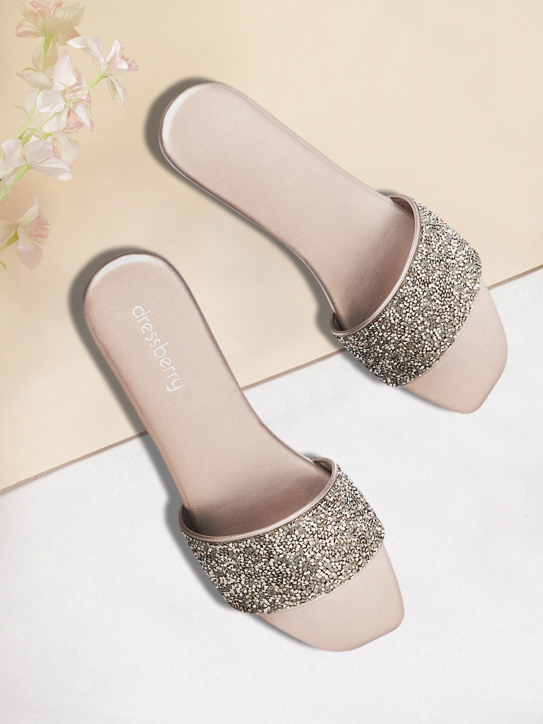 

DressBerry Women Gunmetal-Toned Embellished Open Toe Flats, Metallic