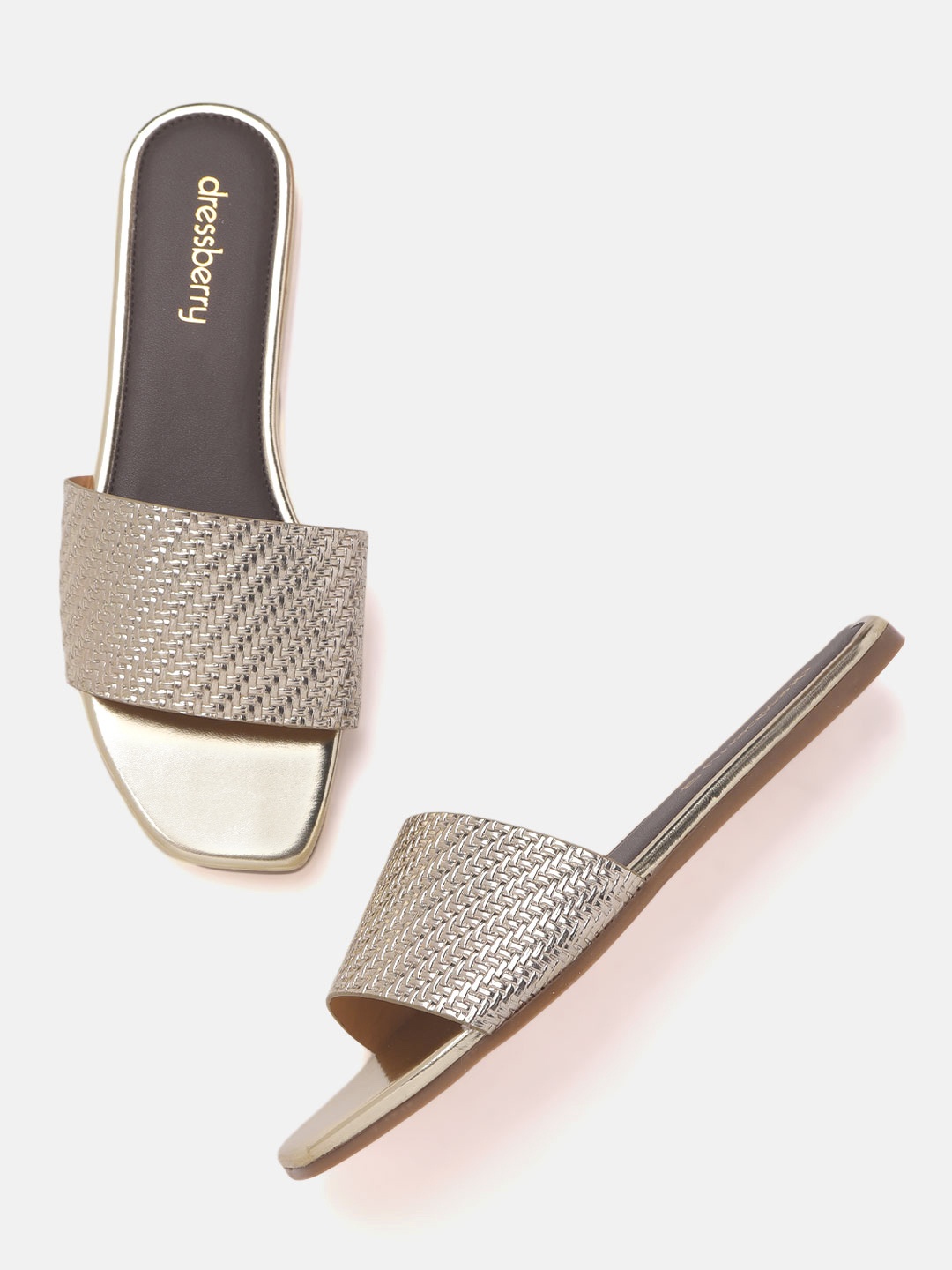 

DressBerry Women Muted Gold-Toned Basket Weave Open Toe Flats