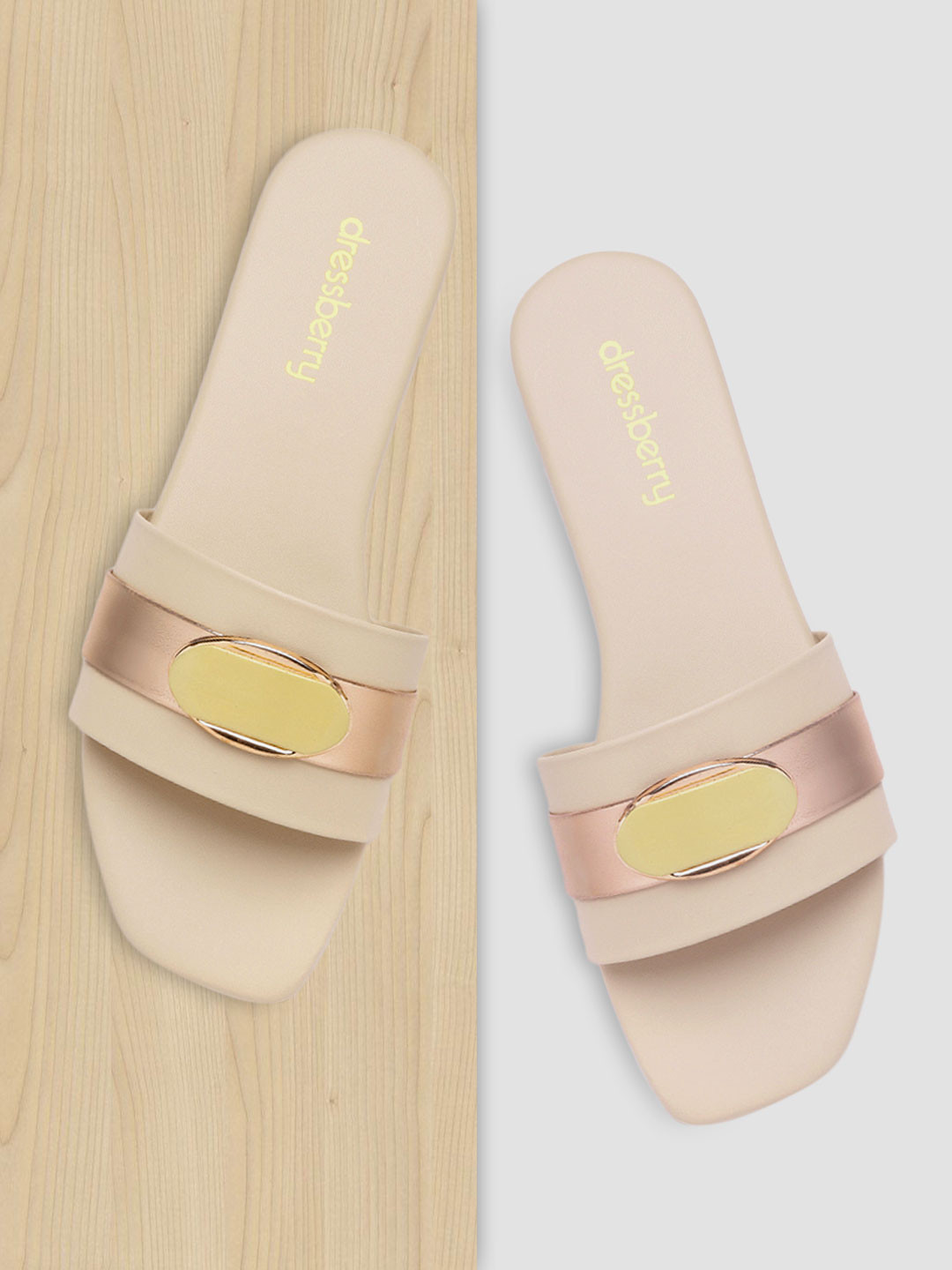 

DressBerry Women Cream-Coloured & Rose Gold-Toned Striped Open Toe Flats