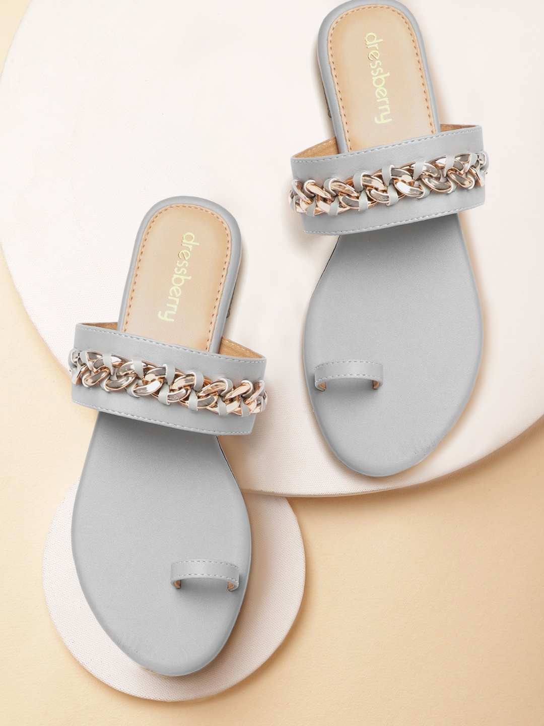 

DressBerry Women Grey & Gold-Toned Solid One Toe Flats with Chain Detail