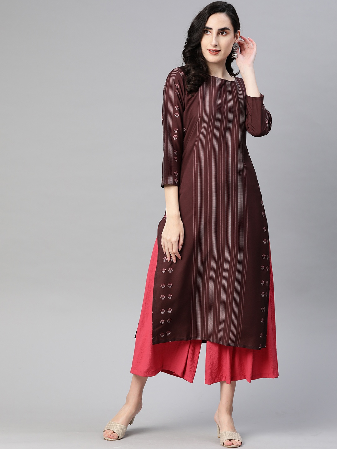 

AHIKA Women Brown & Pink Striped Straight Kurta