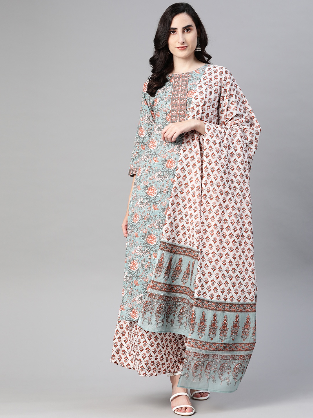 

AHIKA Women Blue & Coral Red Motifs Printed Pure Cotton Kurta with Palazzos & Dupatta