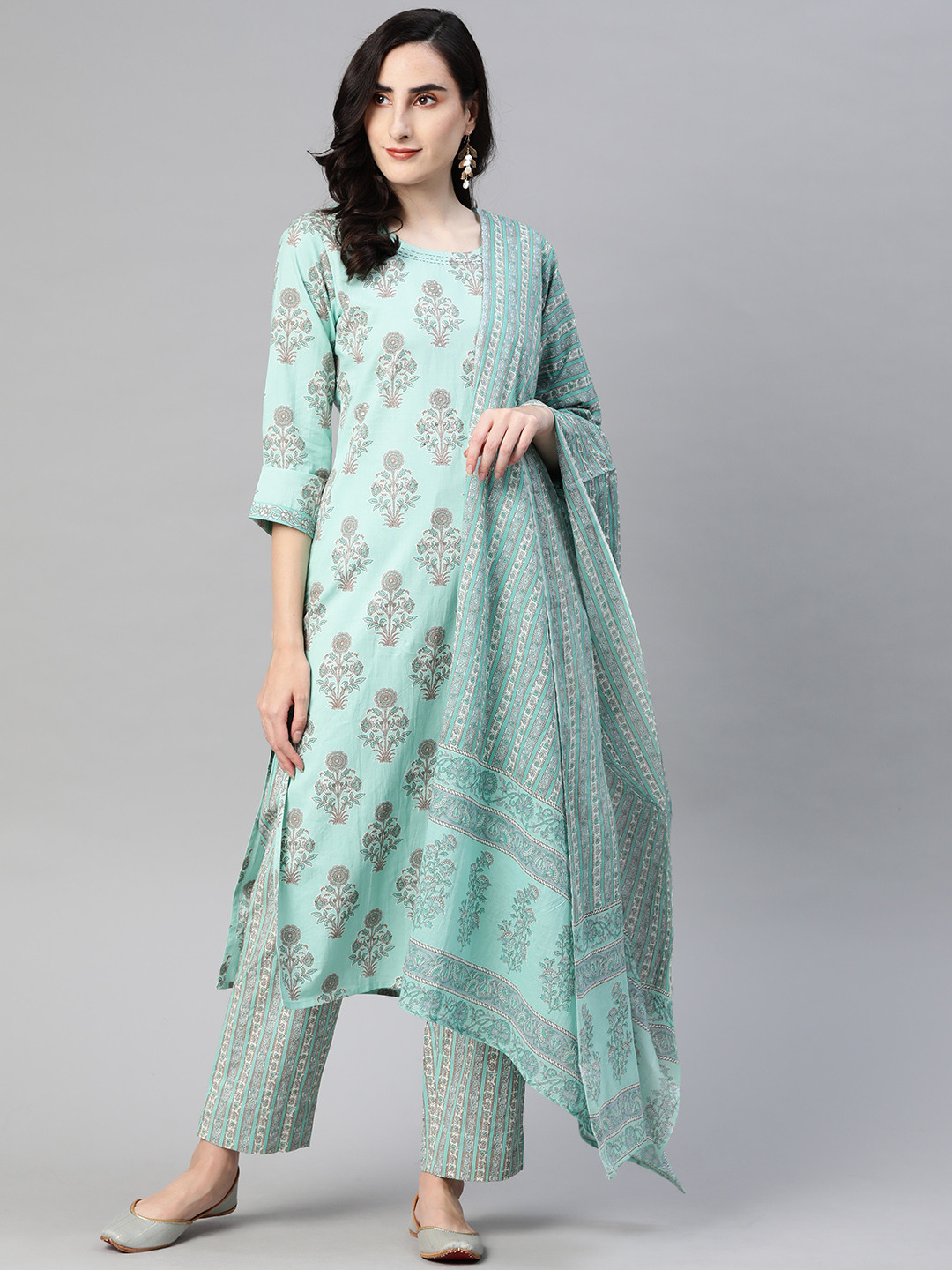 

AHIKA Women Sea Green Pure Cotton Ethnic Motifs Printed Kurta with Trousers & Dupatta