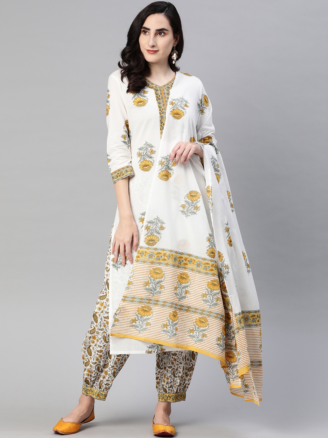 

AHIKA Women White & Yellow Pure Cotton Ethnic Motifs Printed Kurta with Salwar & Dupatta