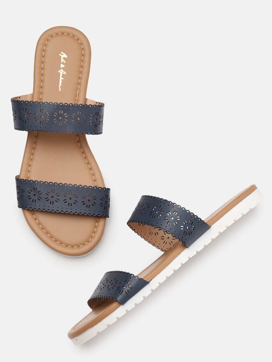 

Mast & Harbour Women Navy Blue Open Toe Flats with Laser Cuts