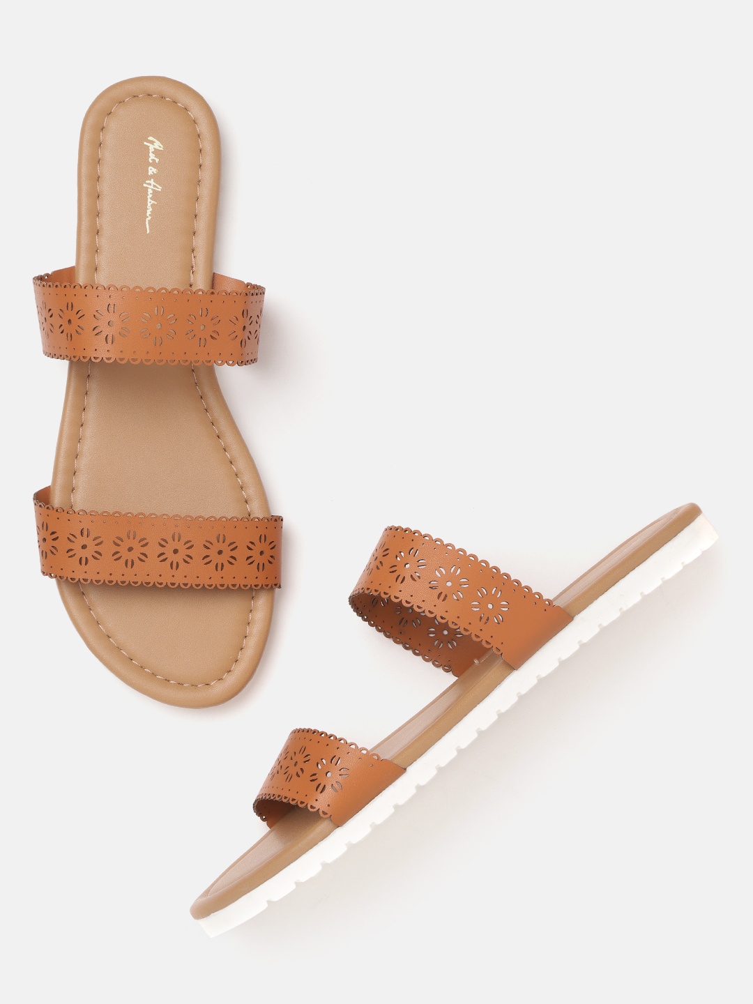 

Mast & Harbour Women Tan Brown Solid Open Toe Flats with Laser Cut Detail