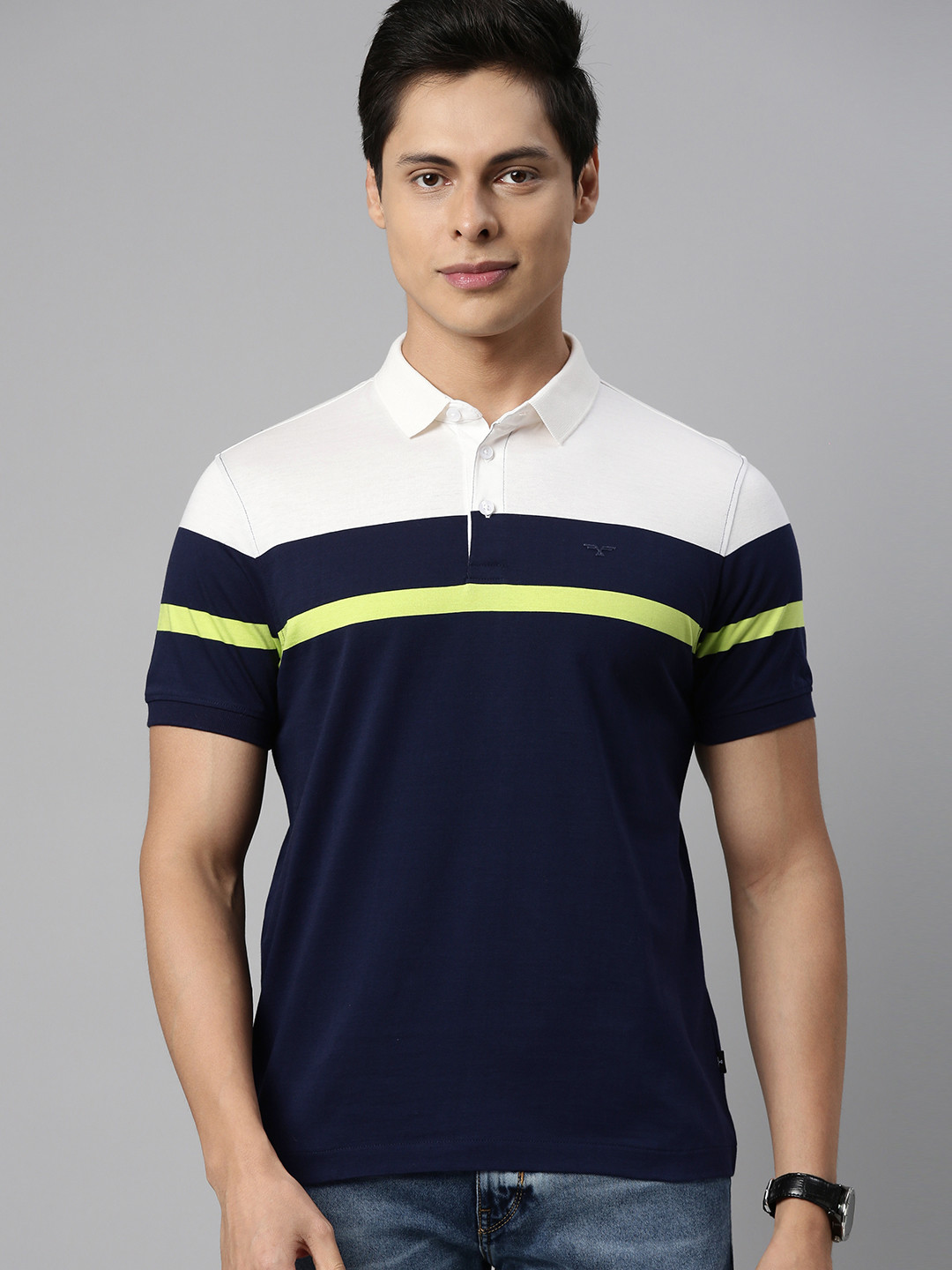 

Flying Machine Men Navy Blue Colourblocked Polo Collar Slim Fit Pure Cotton T-shirt